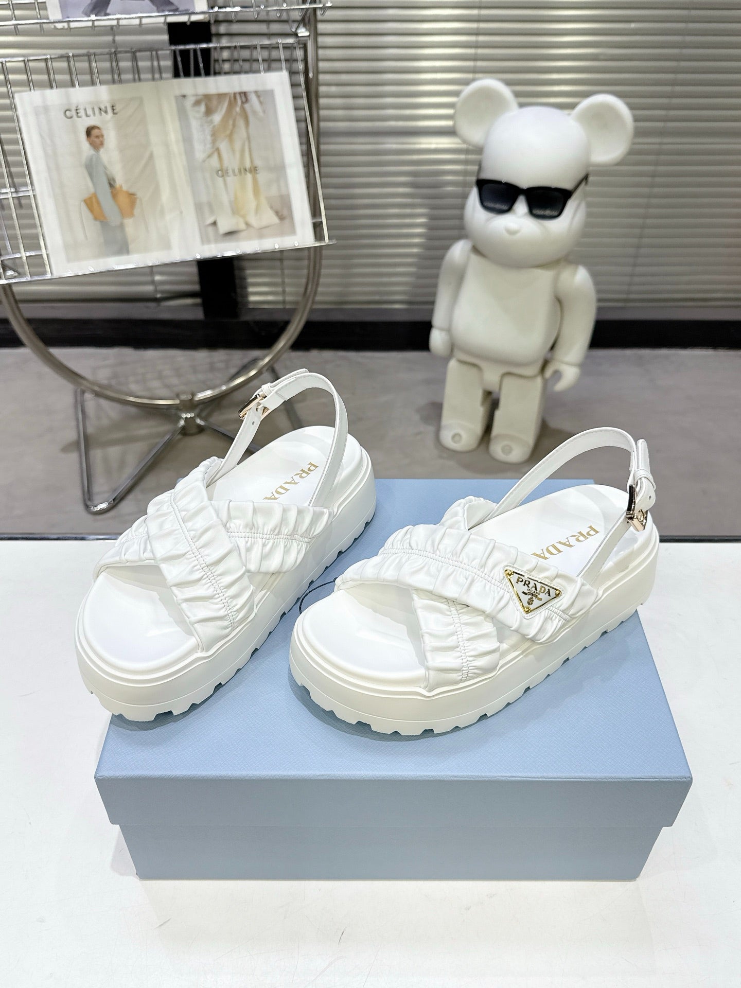 Women White Ruched Cross Band Platform Sandals Triangle Gold Logo Adjustable Ankle Buckle Casual Summer Shoes