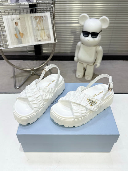 Women White Ruched Cross Band Platform Sandals Triangle Gold Logo Adjustable Ankle Buckle Casual Summer Shoes