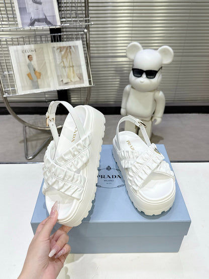 Women White Ruched Cross Band Platform Sandals Triangle Gold Logo Adjustable Ankle Buckle Casual Summer Shoes