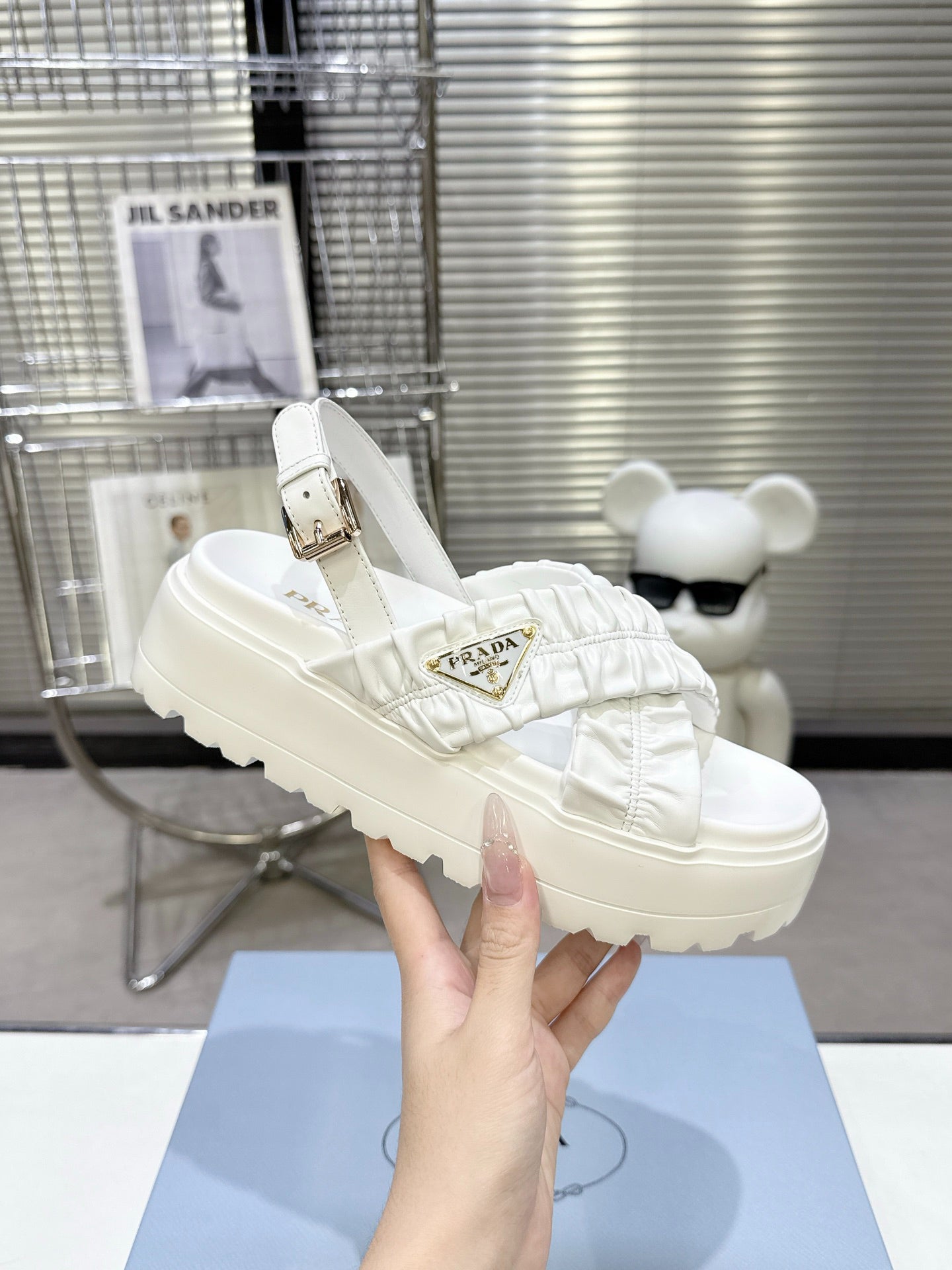 Women White Ruched Cross Band Platform Sandals Triangle Gold Logo Adjustable Ankle Buckle Casual Summer Shoes
