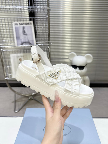 Women White Ruched Cross Band Platform Sandals Triangle Gold Logo Adjustable Ankle Buckle Casual Summer Shoes