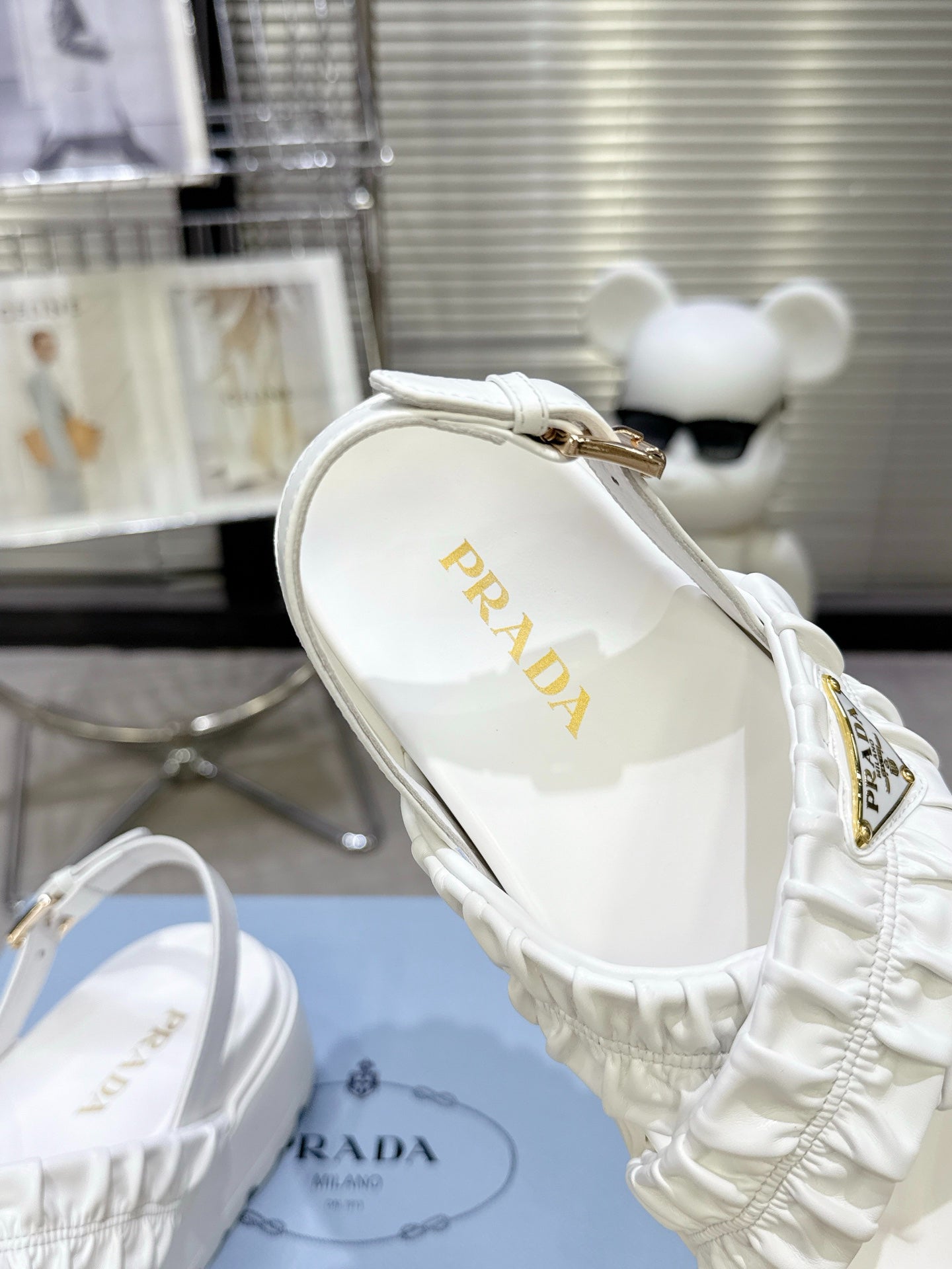 Women White Ruched Cross Band Platform Sandals Triangle Gold Logo Adjustable Ankle Buckle Casual Summer Shoes