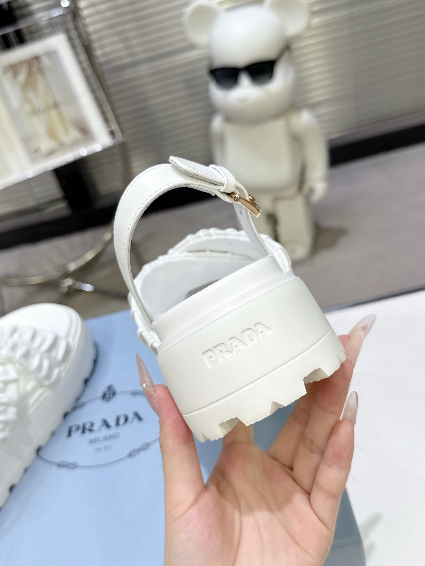 Women White Ruched Cross Band Platform Sandals Triangle Gold Logo Adjustable Ankle Buckle Casual Summer Shoes