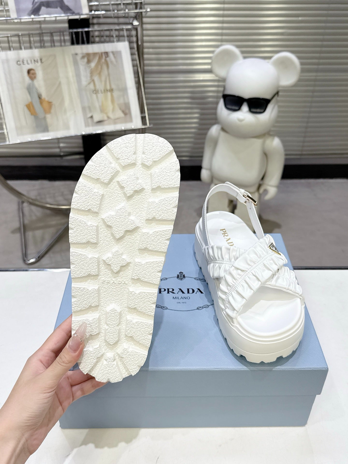 Women White Ruched Cross Band Platform Sandals Triangle Gold Logo Adjustable Ankle Buckle Casual Summer Shoes