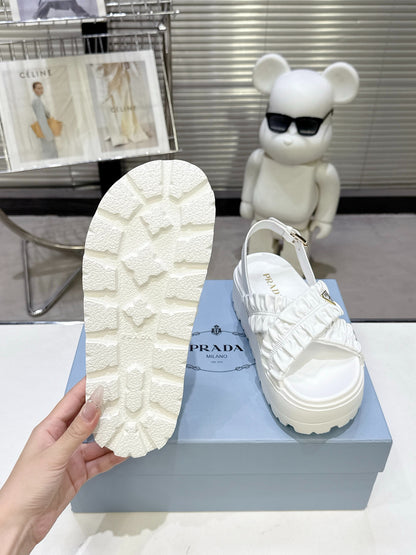 Women White Ruched Cross Band Platform Sandals Triangle Gold Logo Adjustable Ankle Buckle Casual Summer Shoes