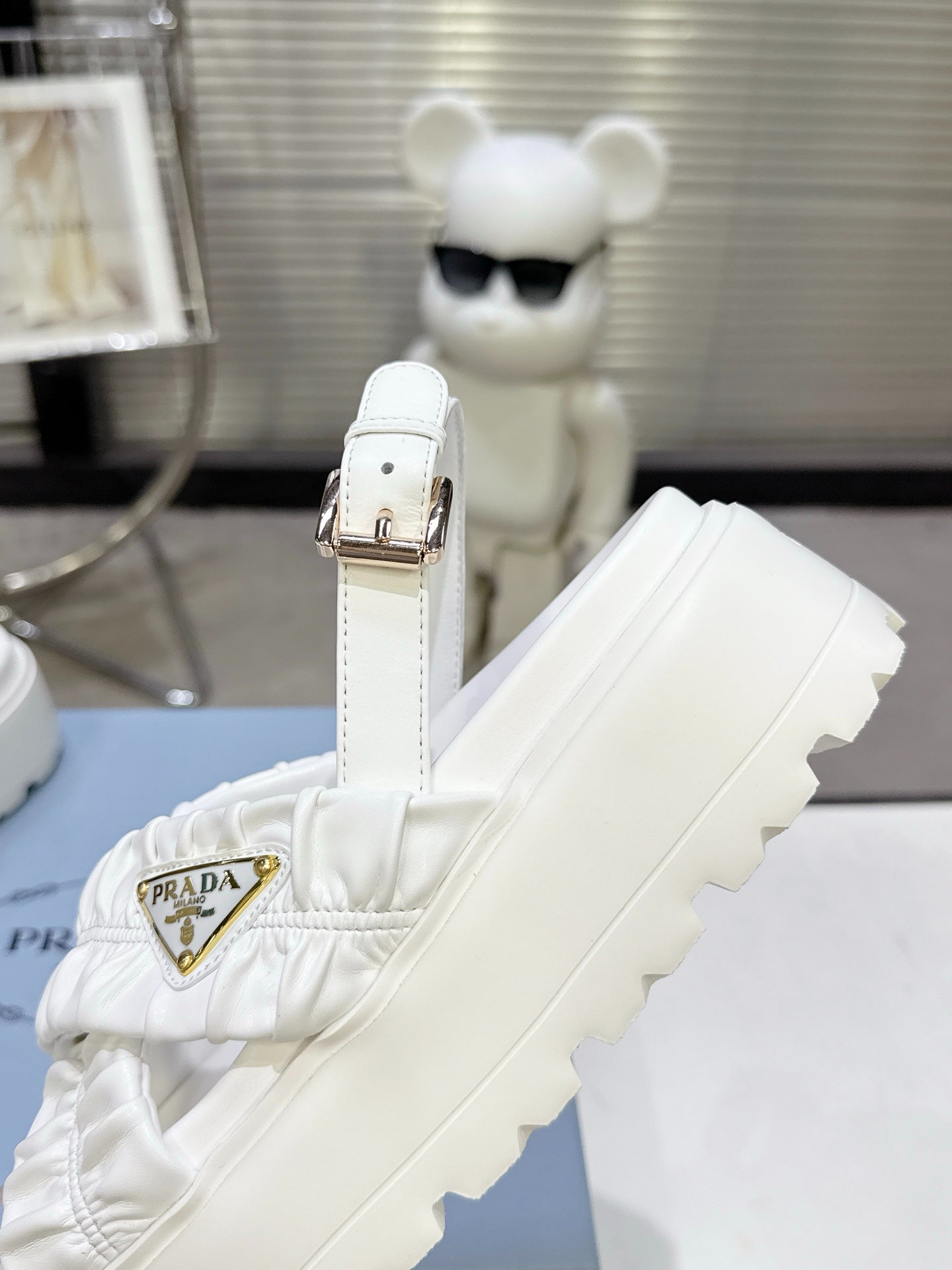 Women White Ruched Cross Band Platform Sandals Triangle Gold Logo Adjustable Ankle Buckle Casual Summer Shoes