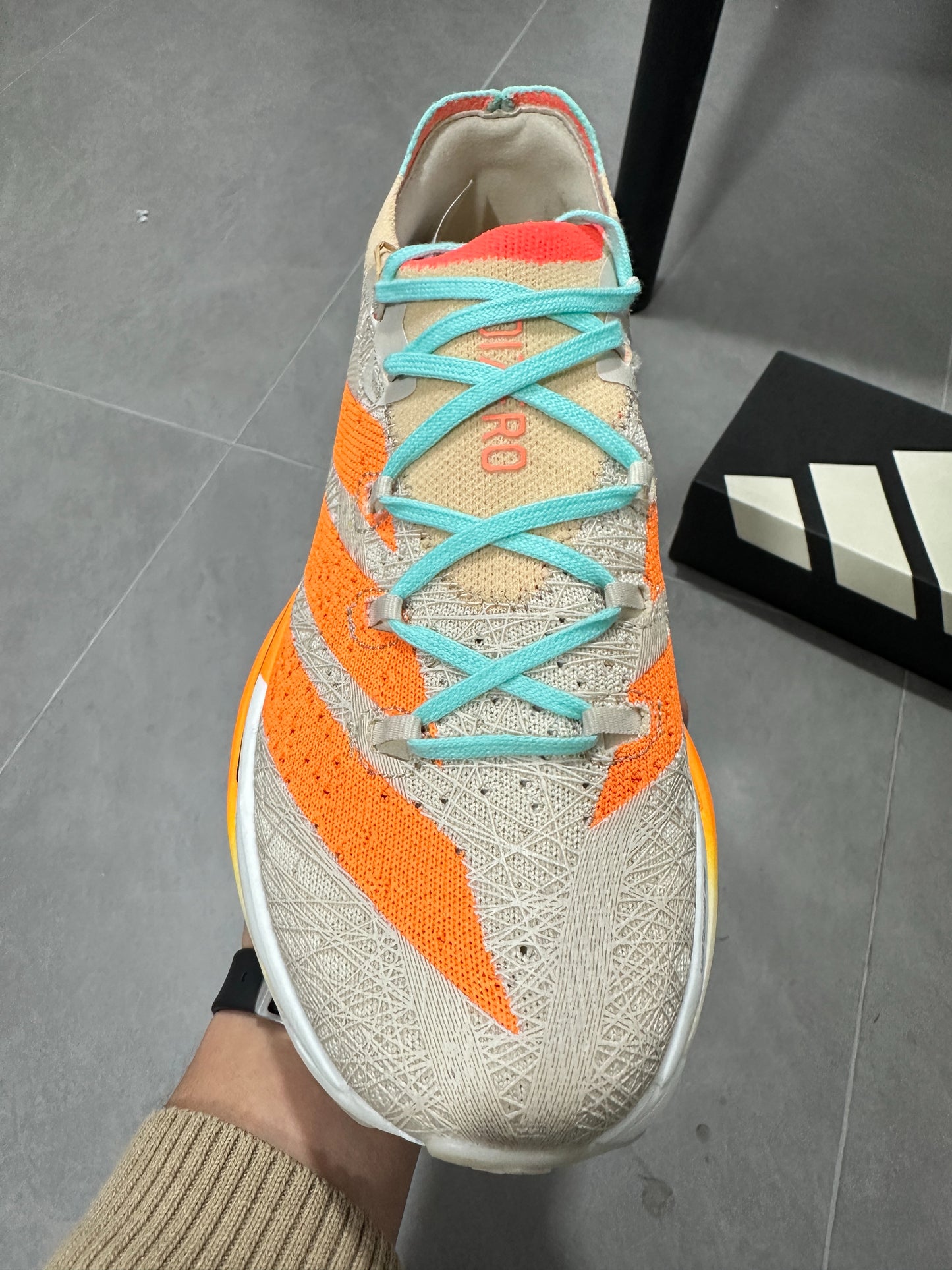 Adidas ADIZERO ADIOS PRO 4 (Beige / Orange / Turquoise colorway)