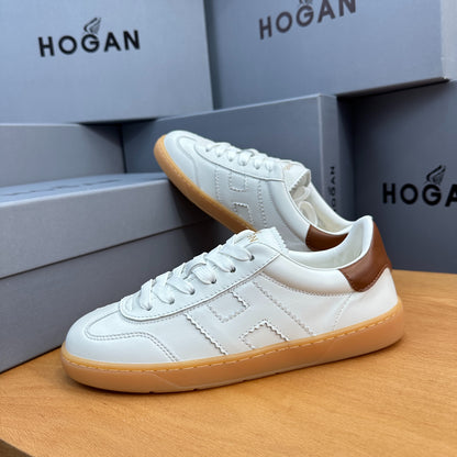 HOGAN White Leather Tan Trim Gum Sole Retro Casual Sneakers