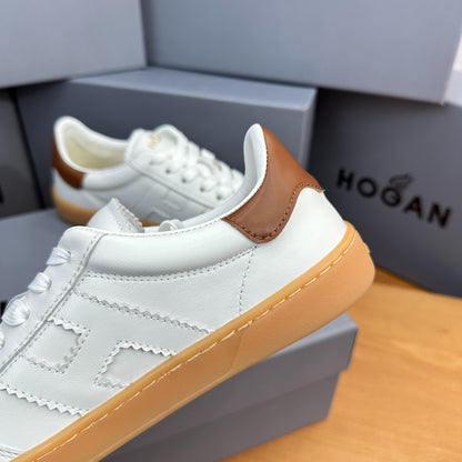 HOGAN White Leather Tan Trim Gum Sole Retro Casual Sneakers