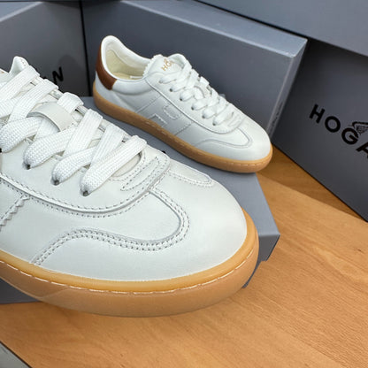 HOGAN White Leather Tan Trim Gum Sole Retro Casual Sneakers