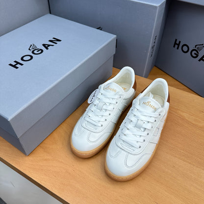 HOGAN White Leather Tan Trim Gum Sole Retro Casual Sneakers