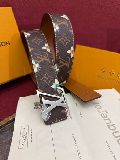 Luxury Floral Daisy Print Monogram Belt for Men, Polished Gold Initial Buckle Premium Holiday Gift Belt