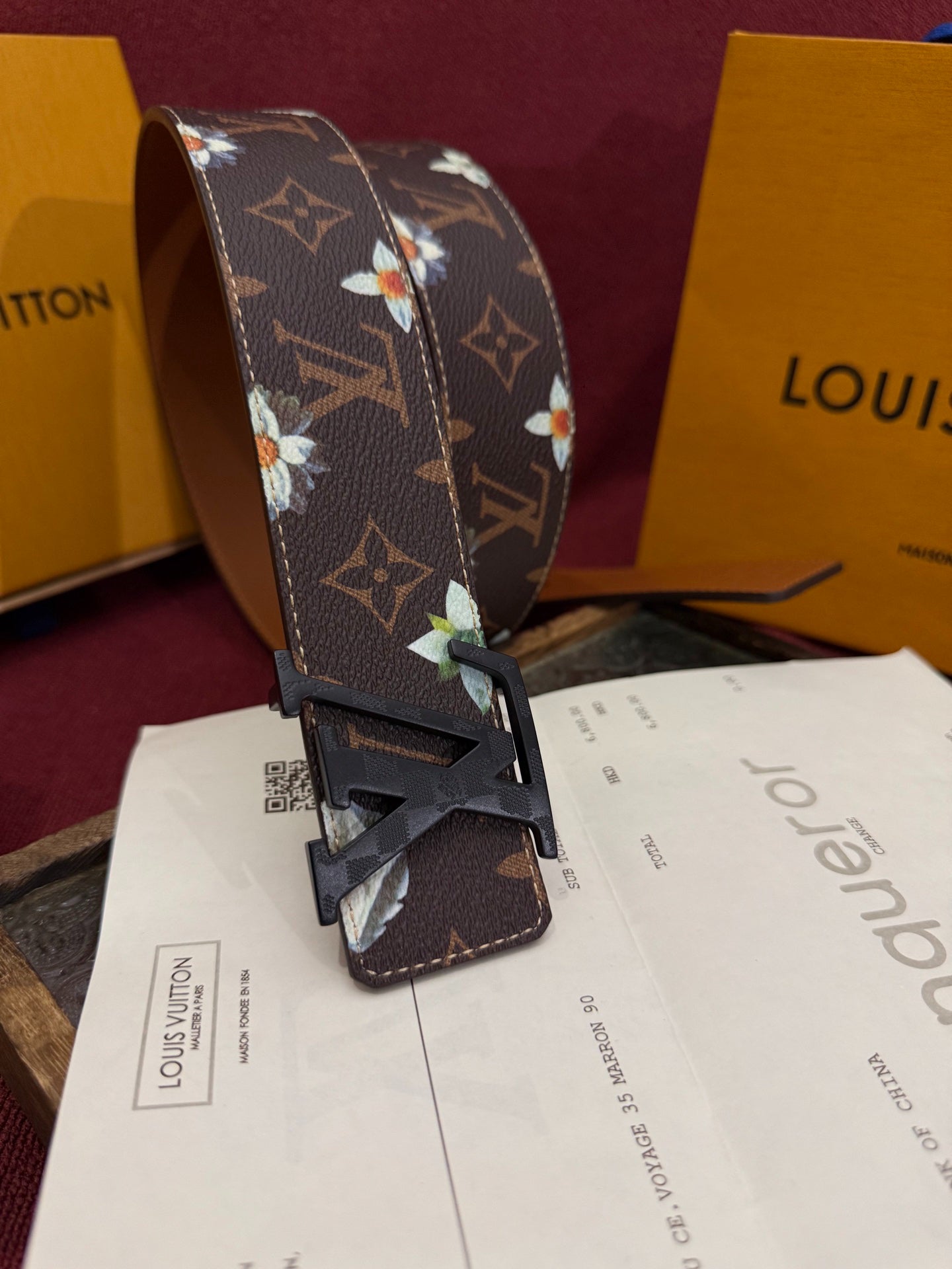 Luxury Floral Daisy Print Monogram Belt for Men, Polished Gold Initial Buckle Premium Holiday Gift Belt