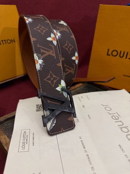 Luxury Floral Daisy Print Monogram Belt for Men, Polished Gold Initial Buckle Premium Holiday Gift Belt