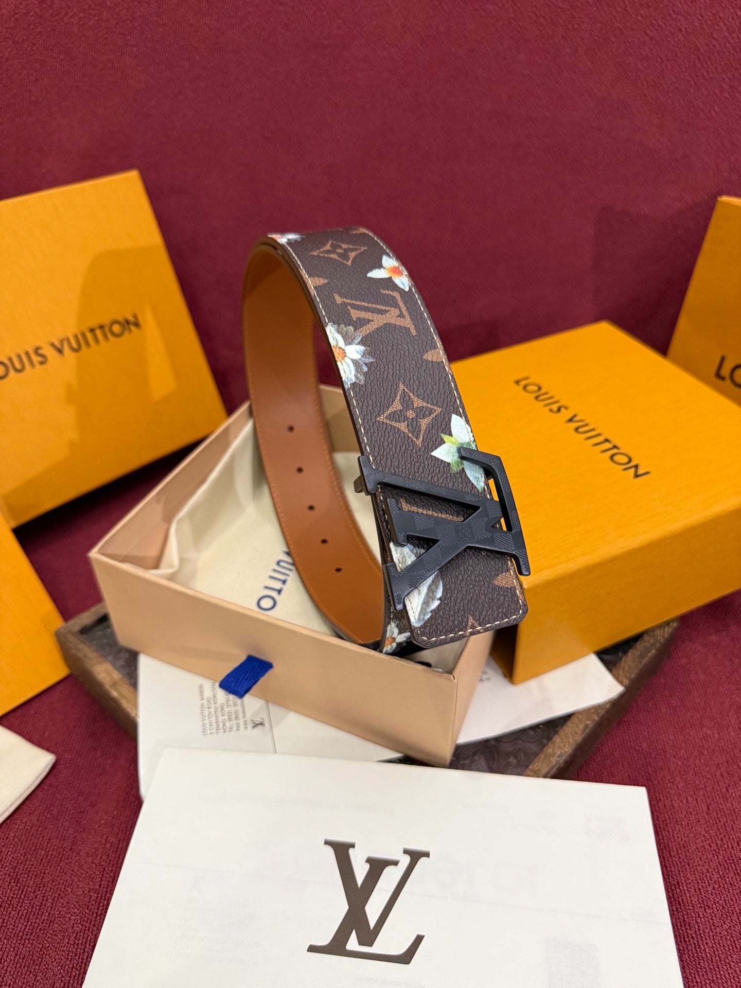 Luxury Floral Daisy Print Monogram Belt for Men, Polished Gold Initial Buckle Premium Holiday Gift Belt