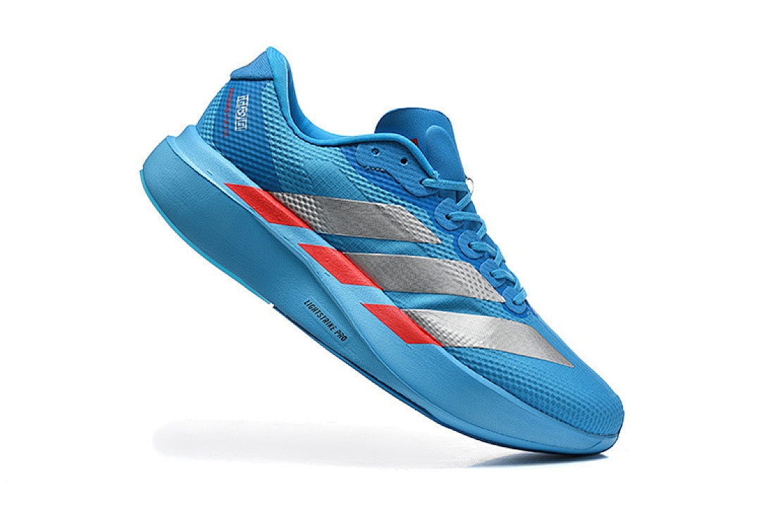 Adidas Adizero Evo SL Woven Running Shoes in Solar Blue / Silver Metallic / Lucid Red