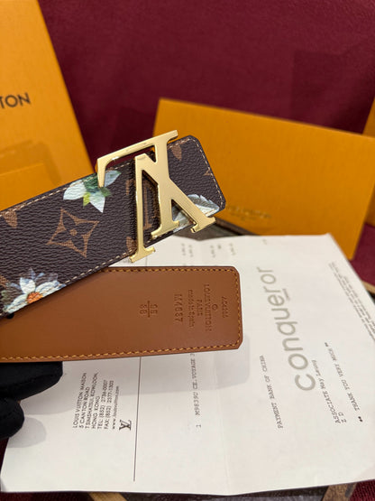 Luxury Floral Daisy Print Monogram Belt for Men, Polished Gold Initial Buckle Premium Holiday Gift Belt