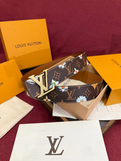 Luxury Floral Daisy Print Monogram Belt for Men, Polished Gold Initial Buckle Premium Holiday Gift Belt