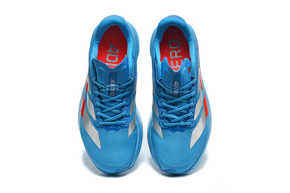 Adidas Adizero Evo SL Woven Running Shoes in Solar Blue / Silver Metallic / Lucid Red