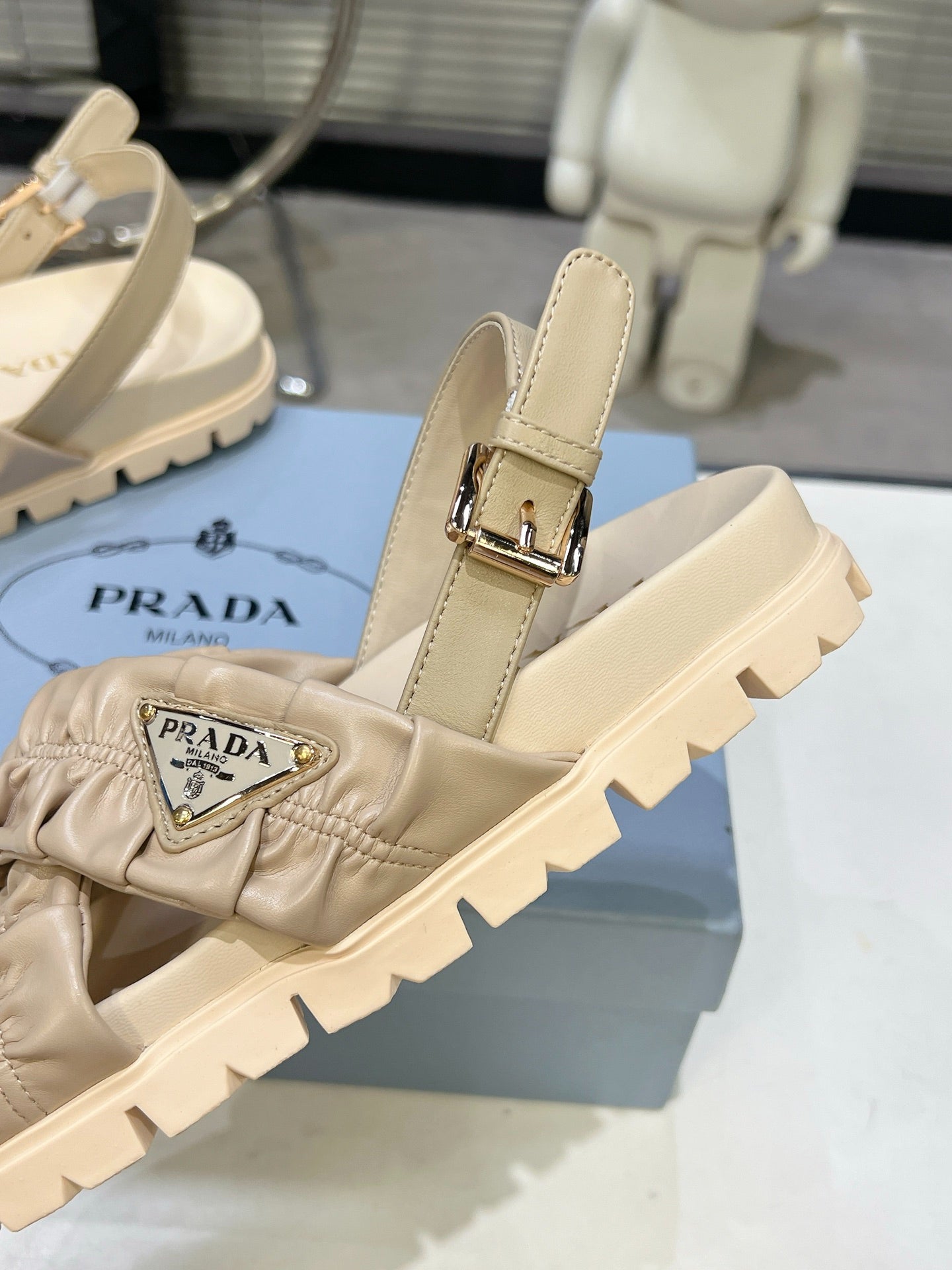 Women Beige Ruched Cross Band Platform Sandals Triangle Gold Logo Adjustable Ankle Strap Casual Shoes