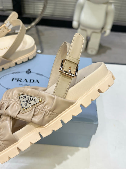 Women Beige Ruched Cross Band Platform Sandals Triangle Gold Logo Adjustable Ankle Strap Casual Shoes