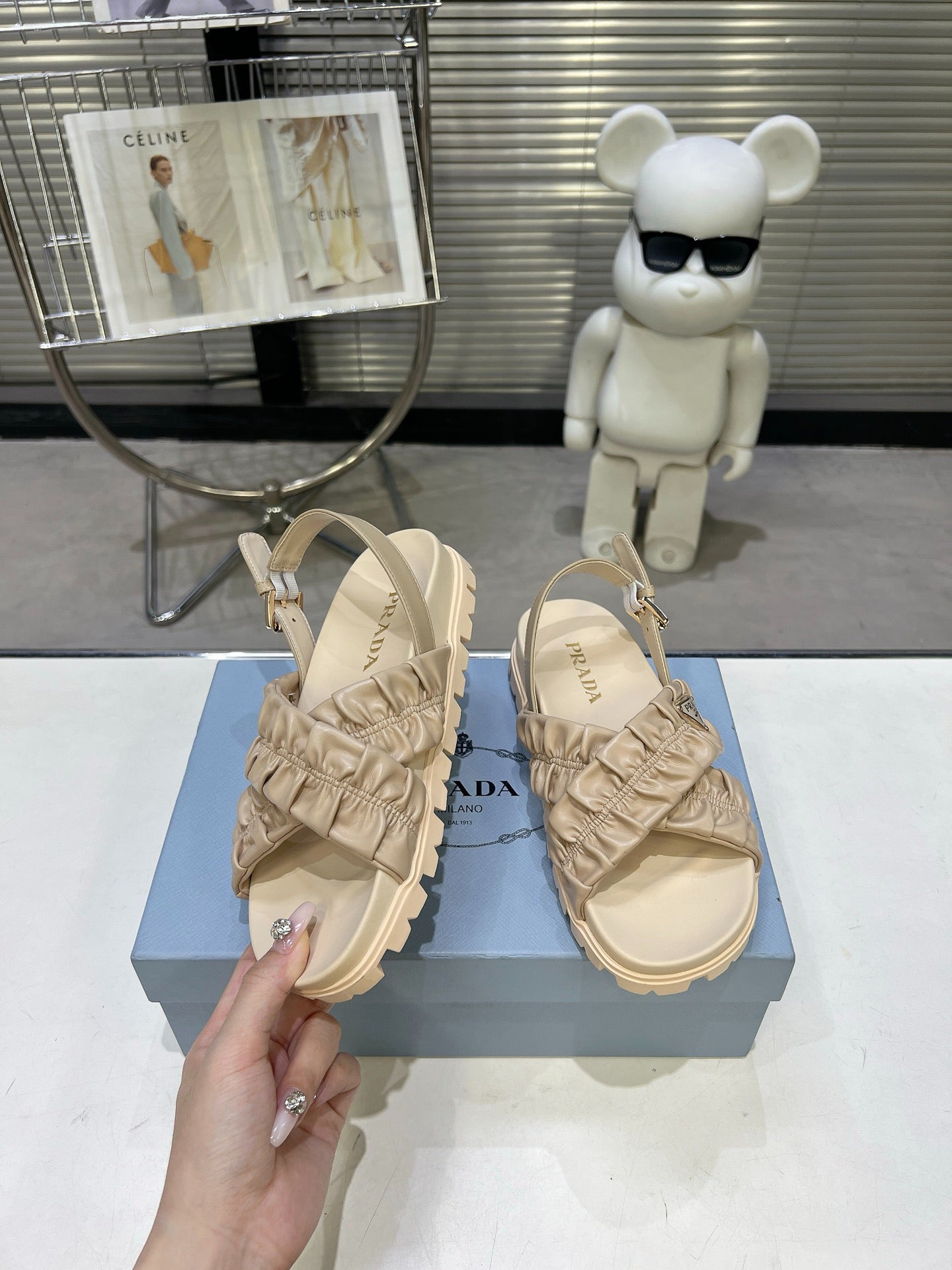 Women Beige Ruched Cross Band Platform Sandals Triangle Gold Logo Adjustable Ankle Strap Casual Shoes