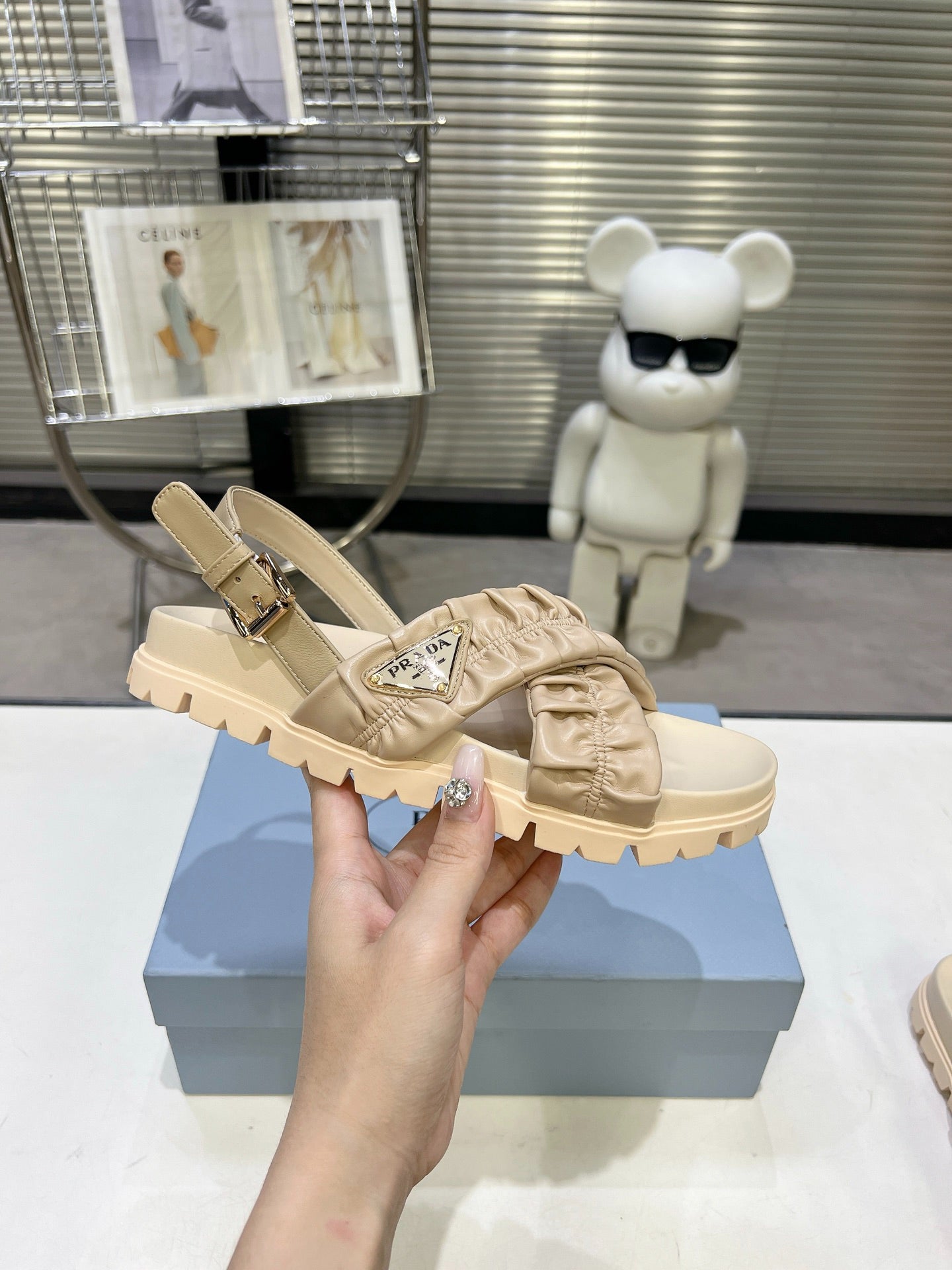 Women Beige Ruched Cross Band Platform Sandals Triangle Gold Logo Adjustable Ankle Strap Casual Shoes