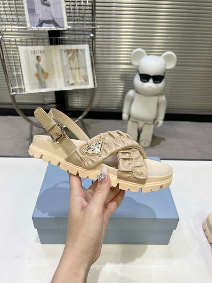 Women Beige Ruched Cross Band Platform Sandals Triangle Gold Logo Adjustable Ankle Strap Casual Shoes