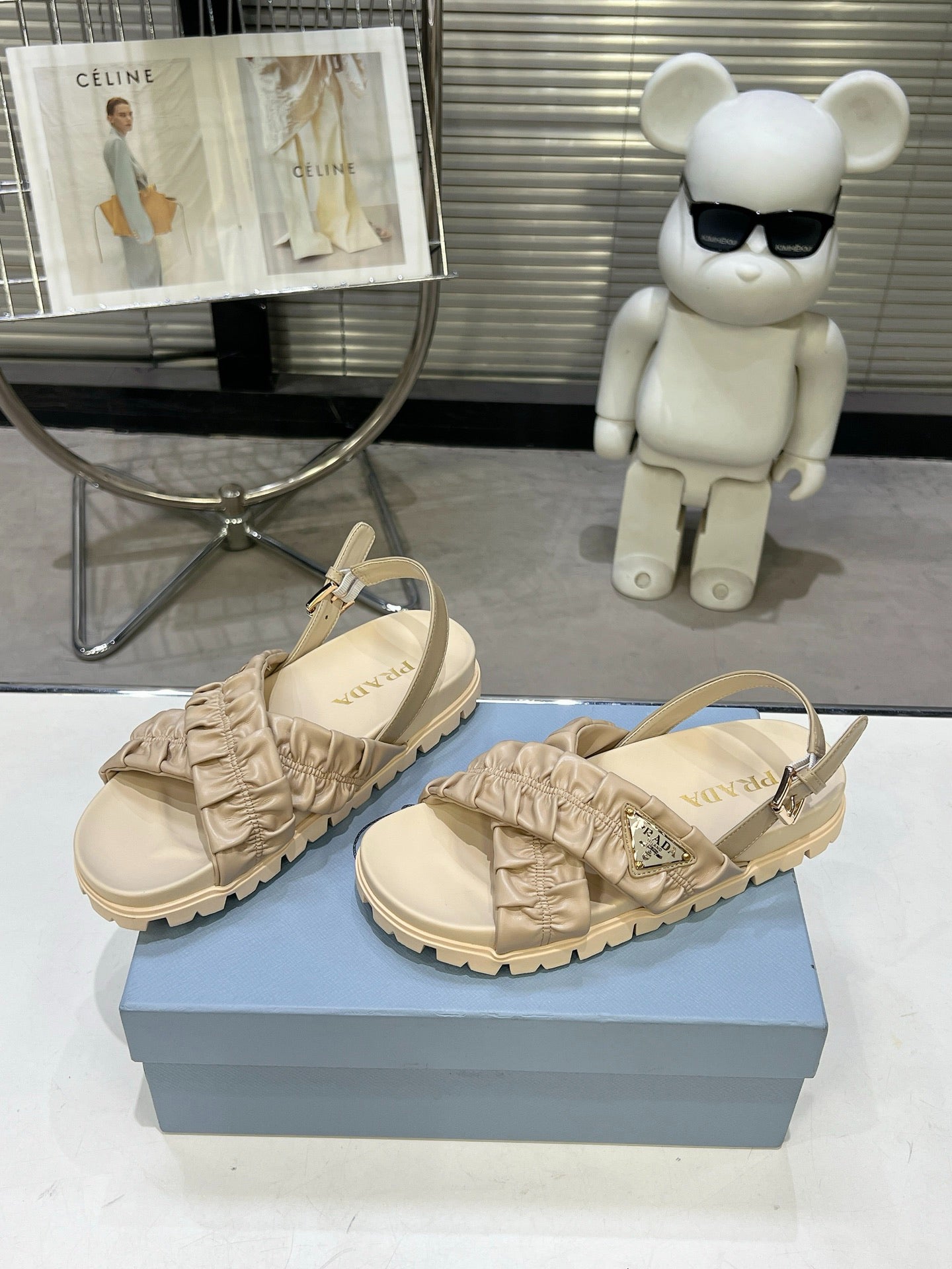 Women Beige Ruched Cross Band Platform Sandals Triangle Gold Logo Adjustable Ankle Strap Casual Shoes