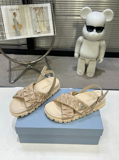 Women Beige Ruched Cross Band Platform Sandals Triangle Gold Logo Adjustable Ankle Strap Casual Shoes