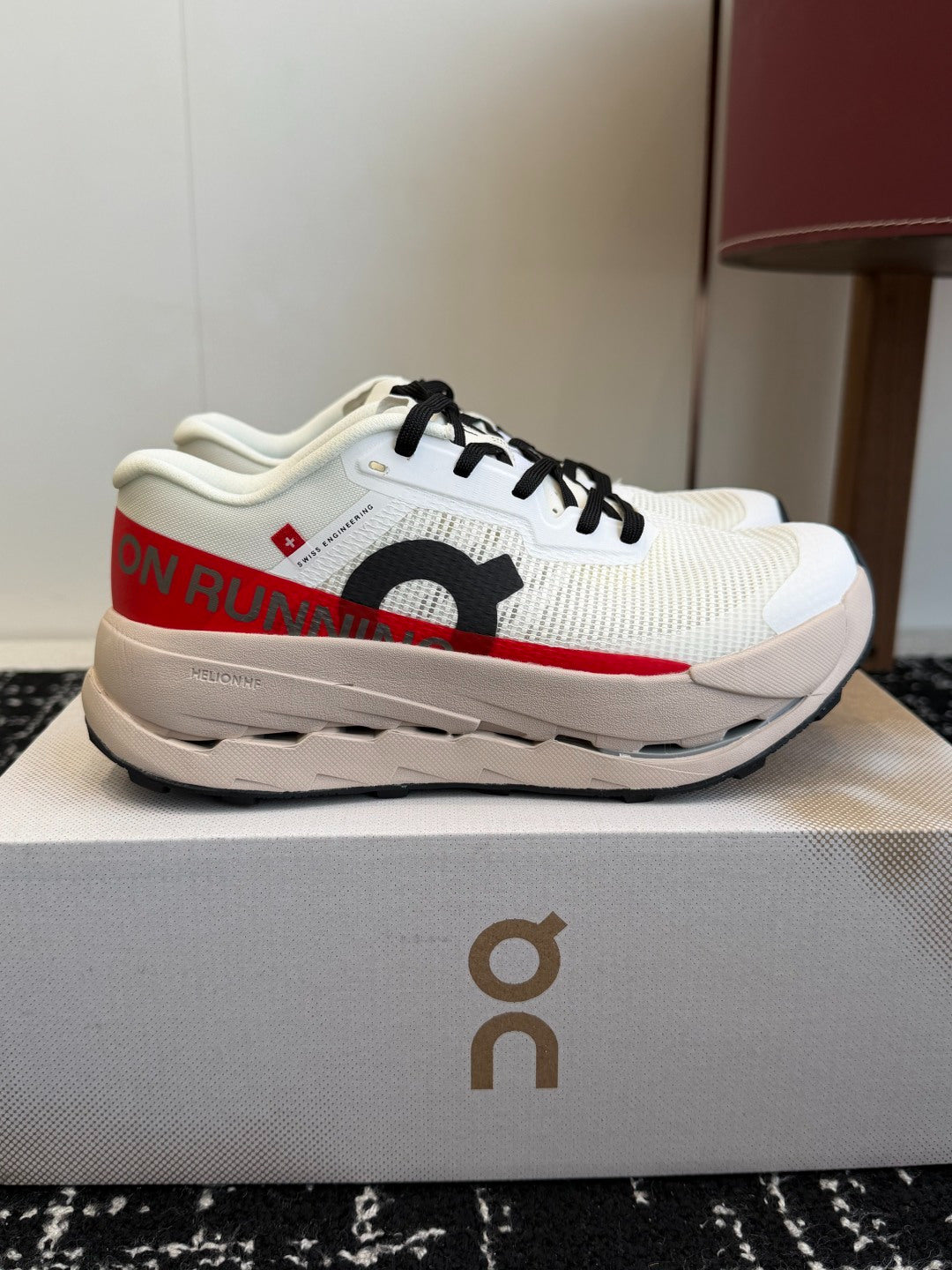 On Cloudmonster Unisex Road Running Sneakers Cream Off White Red Graphic Beige Thick CloudTec Sport Shoes