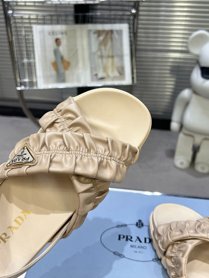 Women Beige Ruched Cross Band Platform Sandals Triangle Gold Logo Adjustable Ankle Strap Casual Shoes