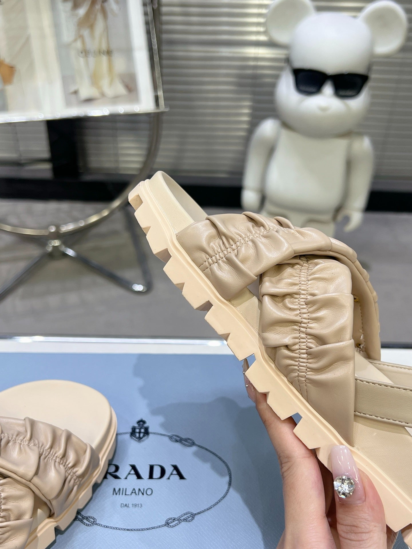 Women Beige Ruched Cross Band Platform Sandals Triangle Gold Logo Adjustable Ankle Strap Casual Shoes