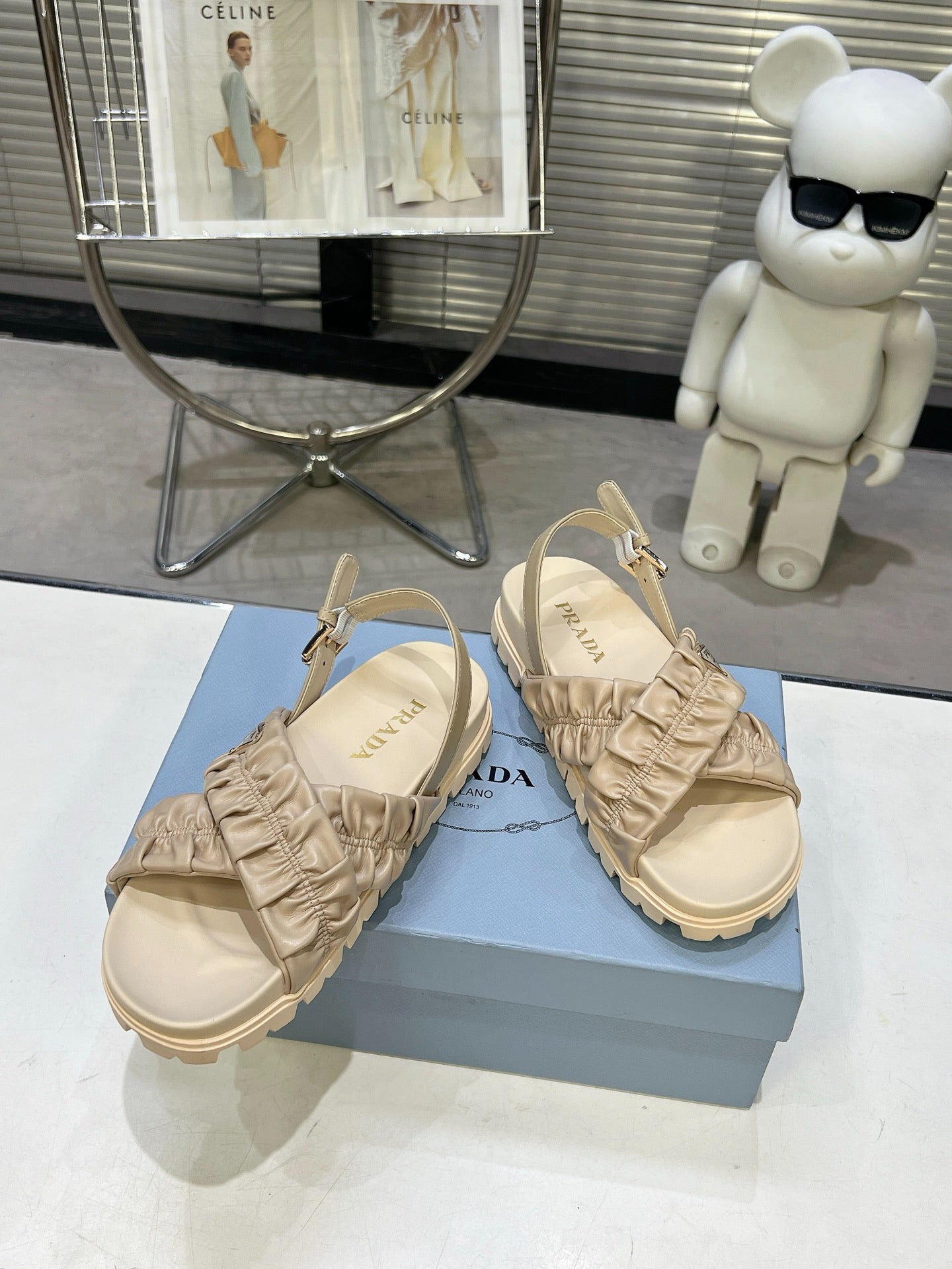 Women Beige Ruched Cross Band Platform Sandals Triangle Gold Logo Adjustable Ankle Strap Casual Shoes