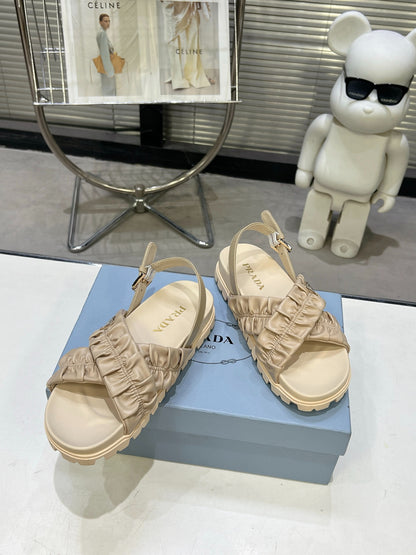 Women Beige Ruched Cross Band Platform Sandals Triangle Gold Logo Adjustable Ankle Strap Casual Shoes
