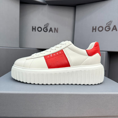 HOGAN Women White Red Color Block Genuine Leather Platform Sneakers Thick Ridged Sole Height Increase Casual Skate Shoes