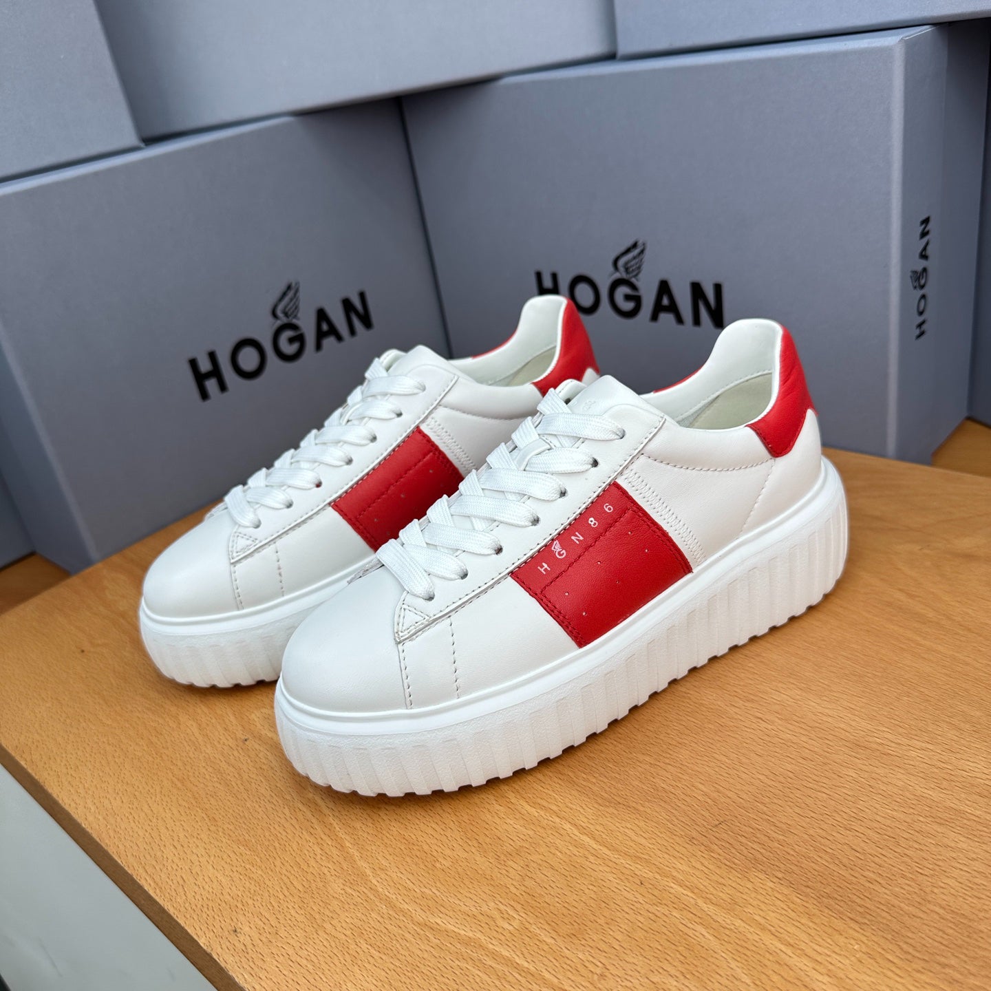 HOGAN Women White Red Color Block Genuine Leather Platform Sneakers Thick Ridged Sole Height Increase Casual Skate Shoes