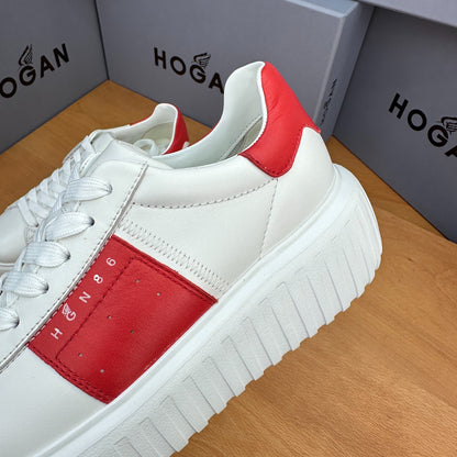 HOGAN Women White Red Color Block Genuine Leather Platform Sneakers Thick Ridged Sole Height Increase Casual Skate Shoes