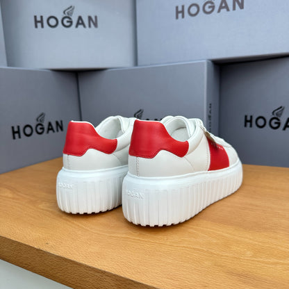 HOGAN Women White Red Color Block Genuine Leather Platform Sneakers Thick Ridged Sole Height Increase Casual Skate Shoes