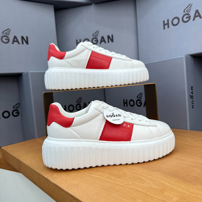 HOGAN Women White Red Color Block Genuine Leather Platform Sneakers Thick Ridged Sole Height Increase Casual Skate Shoes