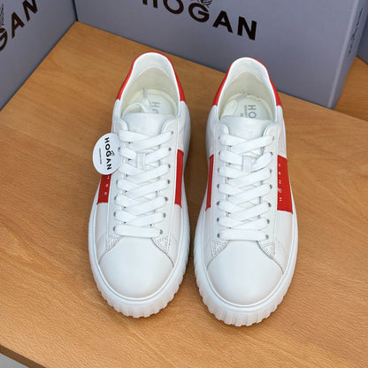 HOGAN Women White Red Color Block Genuine Leather Platform Sneakers Thick Ridged Sole Height Increase Casual Skate Shoes
