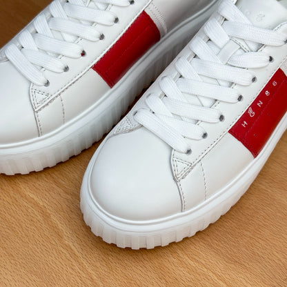 HOGAN Women White Red Color Block Genuine Leather Platform Sneakers Thick Ridged Sole Height Increase Casual Skate Shoes