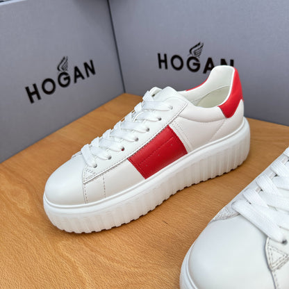 HOGAN Women White Red Color Block Genuine Leather Platform Sneakers Thick Ridged Sole Height Increase Casual Skate Shoes