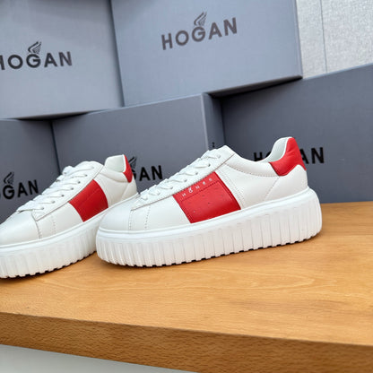 HOGAN Women White Red Color Block Genuine Leather Platform Sneakers Thick Ridged Sole Height Increase Casual Skate Shoes