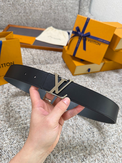 Solid Black Smooth Cow Leather Men Belt Gold Metal Initial Buckle Formal Dress Belt