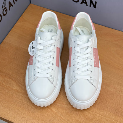 Ladies HOGAN White Pink Patchwork Cow Leather Grooved Platform Elevator Casual Trainers