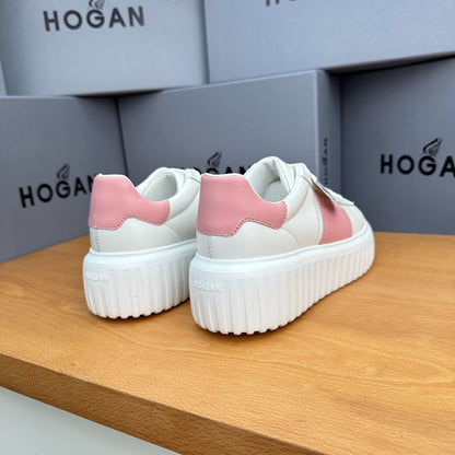 Ladies HOGAN White Pink Patchwork Cow Leather Grooved Platform Elevator Casual Trainers
