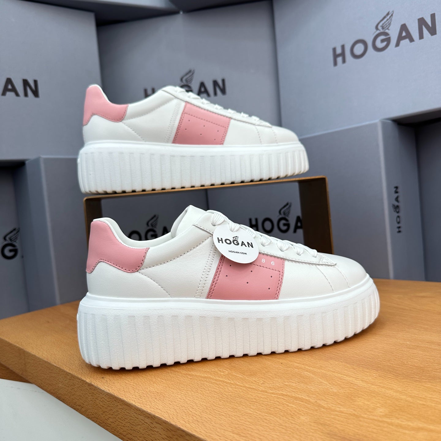 Ladies HOGAN White Pink Patchwork Cow Leather Grooved Platform Elevator Casual Trainers