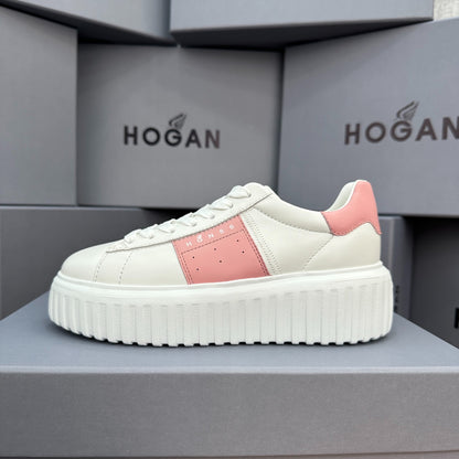 Ladies HOGAN White Pink Patchwork Cow Leather Grooved Platform Elevator Casual Trainers