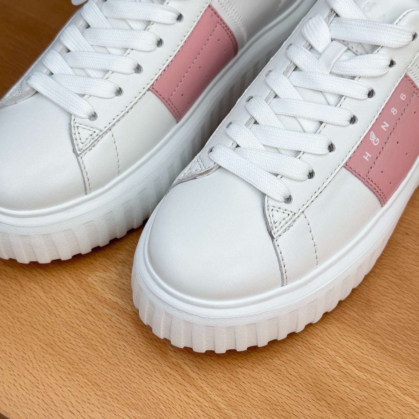 Ladies HOGAN White Pink Patchwork Cow Leather Grooved Platform Elevator Casual Trainers